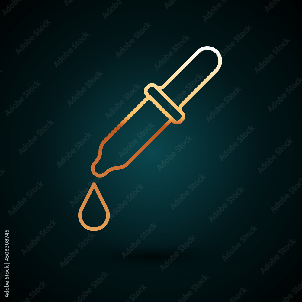 Gold line Pipette icon isolated on dark blue background. Element of medical, chemistry lab equipment. Pipette with drop. Medicine symbol. Vector Gold line Pipette icon isolated on dark blue background. Element of medical, chemistry lab equipment. Pipette with drop. Medicine symbol. Vector