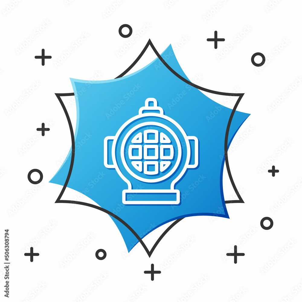 White line Aqualung icon isolated on white background. Diving helmet. Diving underwater equipment. Blue hexagon button. Vector