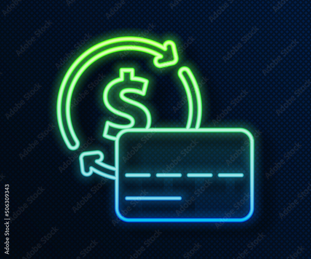 Glowing neon line Credit card icon isolated on blue background. Online payment. Cash withdrawal. Financial operations. Shopping sign. Vector Glowing neon line Credit card icon isolated on blue background. Online payment. Cash withdrawal. Financial operations. Shopping sign. Vector