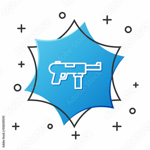 White line Submachine gun M3, Grease gun icon isolated on white background. Blue hexagon button. Vector