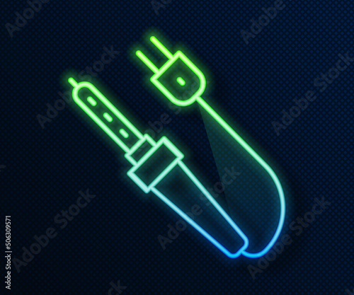 Glowing neon line Soldering iron icon isolated on blue background. Vector