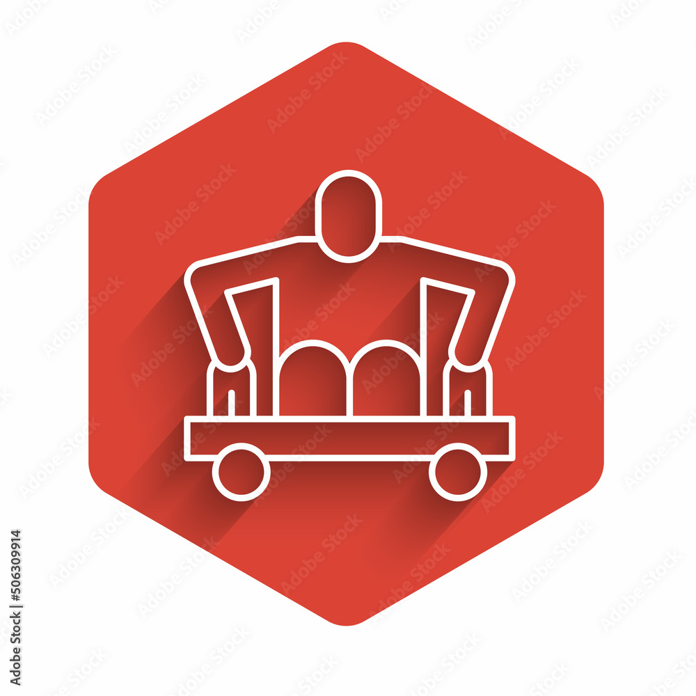 White line Man without legs sitting wheelchair icon isolated with long shadow. Disability concept. Guy with physical disabilities. Red hexagon button. Vector White line Man without legs sitting wheelchair icon isolated with long shadow. Disability concept. Guy with physical disabilities. Red hexagon button. Vector