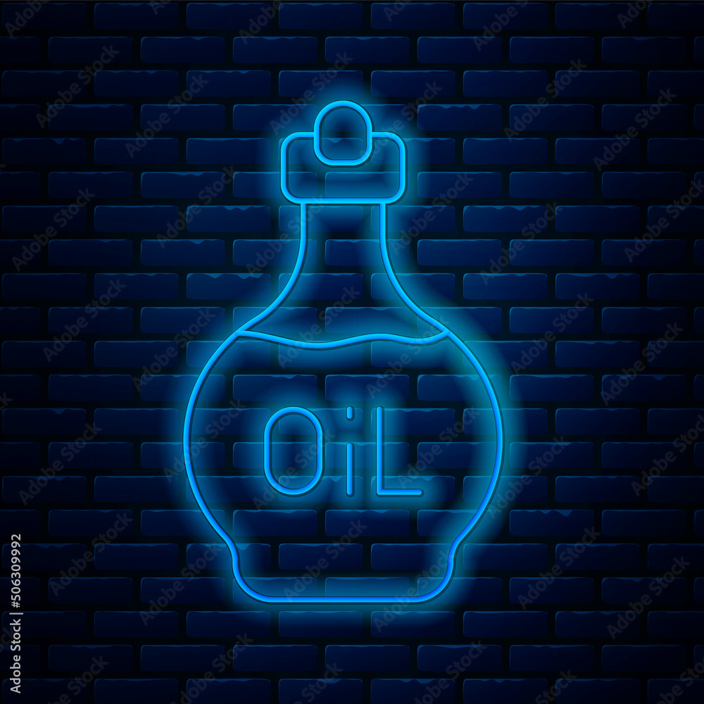 Glowing neon line Essential oil bottle icon isolated on brick wall background. Organic aromatherapy essence. Skin care serum glass drop package. Vector Glowing neon line Essential oil bottle icon isolated on brick wall background. Organic aromatherapy essence. Skin care serum glass drop package. Vector