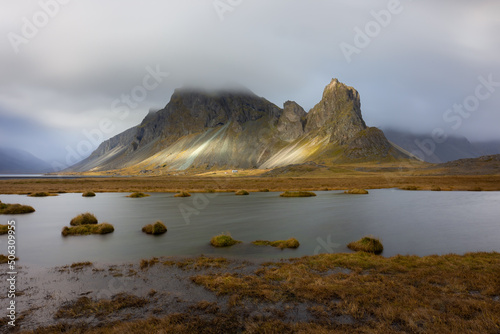 Impressive mountain of Eystrahorn in the South-East of Iceland, in a rainy day photo