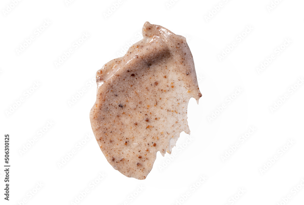 Scrub smear swatch isolated on white background. Peeling cream smudge with exfoliating particles, cosmetic skincare product with abrasive particle sample, gentle nude scrub texture isolate Scrub smear swatch isolated on white background. Peeling cream smudge with exfoliating particles, cosmetic skincare product with abrasive particle sample, gentle nude scrub texture isolate