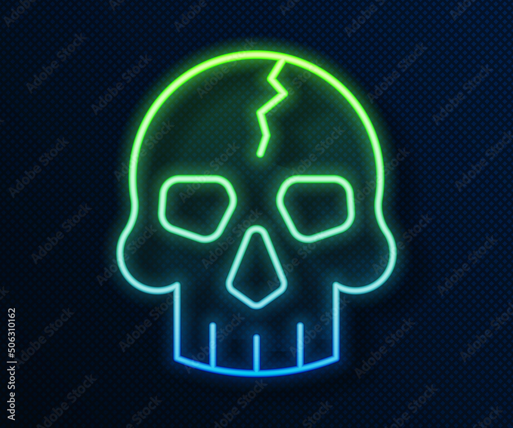 Glowing neon line Skull icon isolated on blue background. Pirate captain. Happy Halloween party. Vector Glowing neon line Skull icon isolated on blue background. Pirate captain. Happy Halloween party. Vector