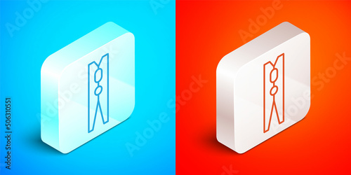 Isometric line Old wood clothes pin icon isolated on blue and red background. Clothes peg. Silver square button. Vector