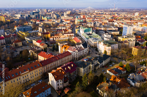 Aerial view of Rzeszow overlooking building of former monastery and Church of Holy Cross, Poland