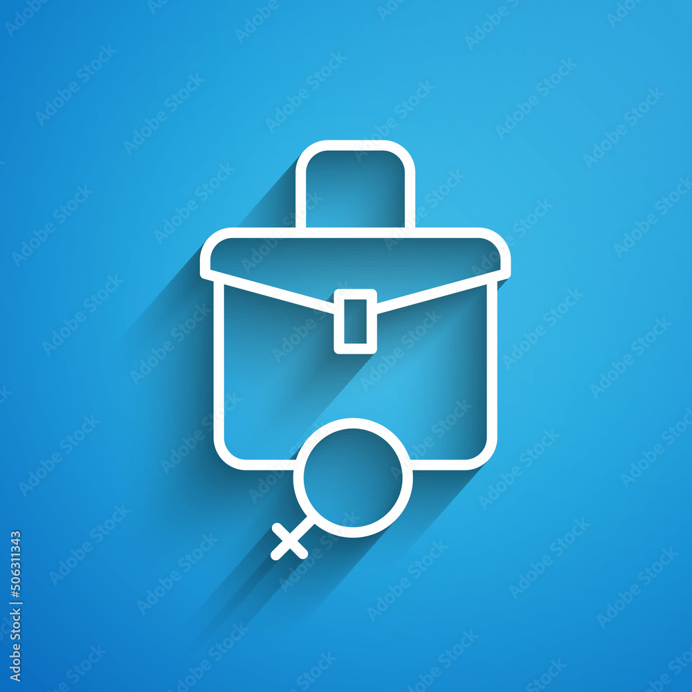 White line Work for female icon isolated on blue background. Business woman work. Long shadow. Vector White line Work for female icon isolated on blue background. Business woman work. Long shadow. Vector