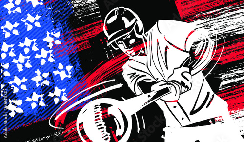 the vector illustration freehand drawn baseball player on american flag background 