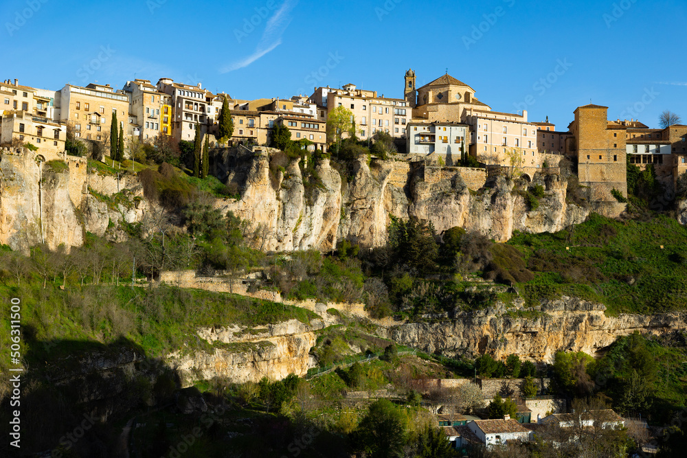 Historic walled town of Cuenca - Spain. This view shows the Hanging Houses perched on the cliffside