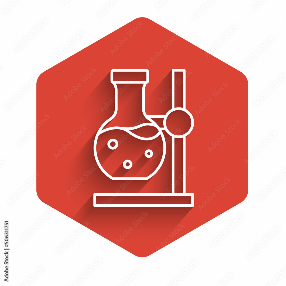 White line Glass test tube flask on stand icon isolated with long shadow background. Laboratory equipment. Red hexagon button. Vector White line Glass test tube flask on stand icon isolated with long shadow background. Laboratory equipment. Red hexagon button. Vector