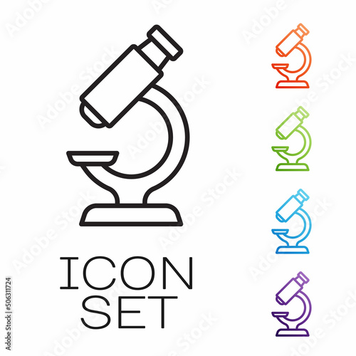 Black line Microscope icon isolated on white background. Chemistry, pharmaceutical instrument, microbiology magnifying tool. Set icons colorful. Vector