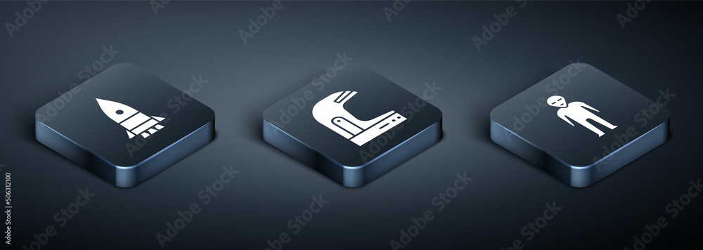 Set Isometric Rocket ship, Alien and Astronaut helmet icon. Vector Set Isometric Rocket ship, Alien and Astronaut helmet icon. Vector