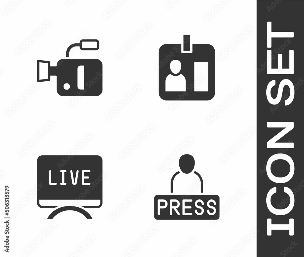 Set Journalist news, Cinema camera, Live report and id card icon. Vector Set Journalist news, Cinema camera, Live report and id card icon. Vector