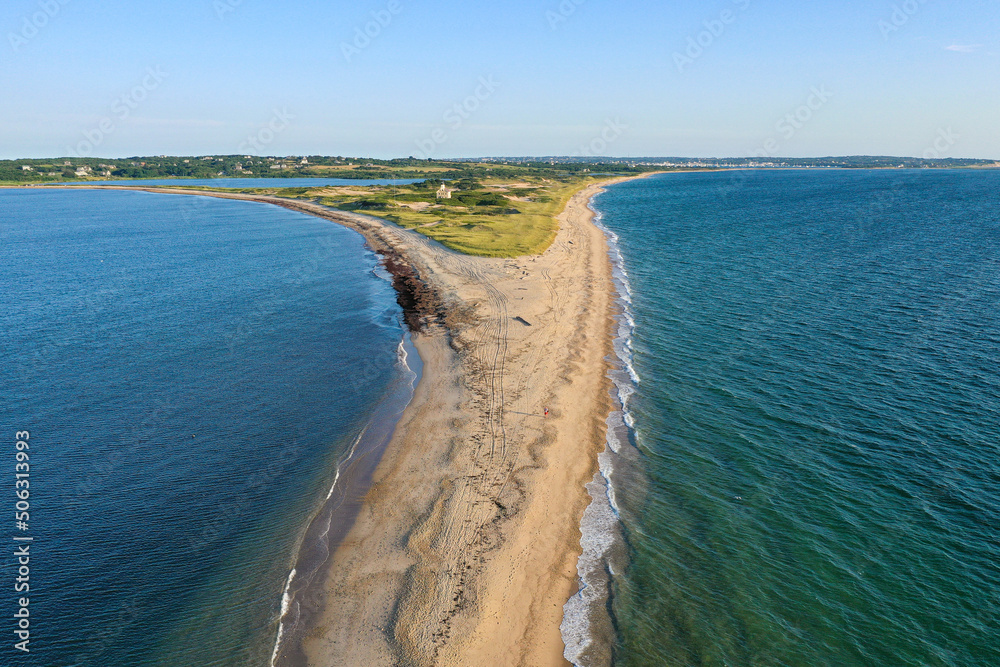 Amazing late afternoon summer aerial view of northern tip of Block Island, RI near North Lighthouse.