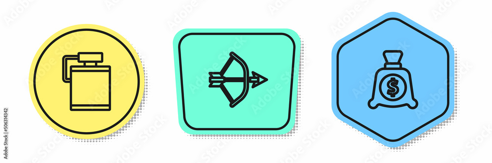 Set line Canteen water bottle, Bow and arrow in quiver and Money bag. Colored shapes. Vector Set line Canteen water bottle, Bow and arrow in quiver and Money bag. Colored shapes. Vector
