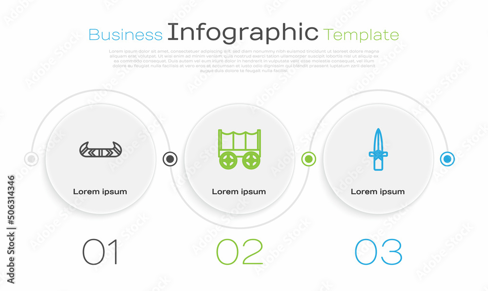 Set line Kayak or canoe and paddle, Wild west covered wagon and Dagger. Business infographic template. Vector Set line Kayak or canoe and paddle, Wild west covered wagon and Dagger. Business infographic template. Vector