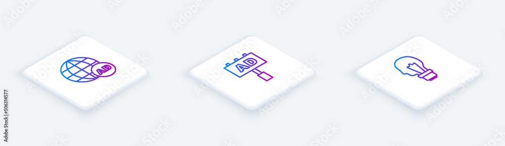 Set Isometric line Advertising, and Light bulb with concept of idea. White square button. Vector Set Isometric line Advertising, and Light bulb with concept of idea. White square button. Vector