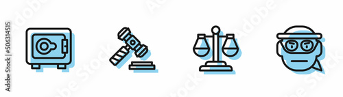 Set line Scales of justice, Safe, Judge gavel and Bandit icon. Vector