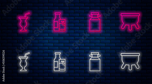 Set line Bottle milk and glass, Can container for, Milkshake and Udder. Glowing neon icon on brick wall. Vector