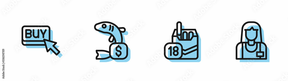 Set line Cigarettes pack box, Buy button, Price tag for fish and Seller icon. Vector