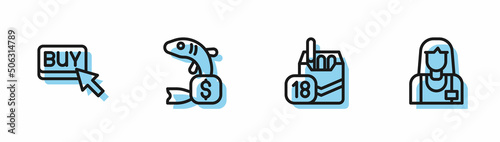 Set line Cigarettes pack box, Buy button, Price tag for fish and Seller icon. Vector