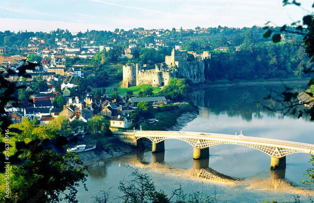 Chepstow Castle and town on the River Wye, Gwent, on the border between England and Wales, UK