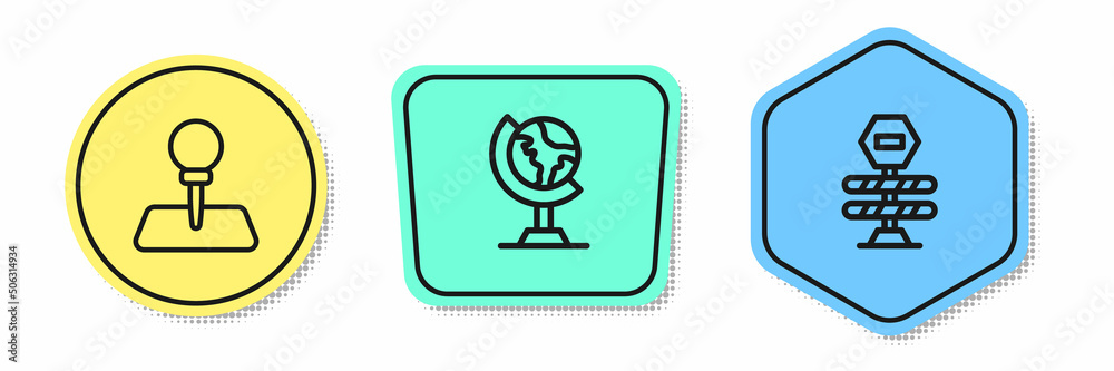 Set line Push pin, Earth globe and Road barrier. Colored shapes. Vector