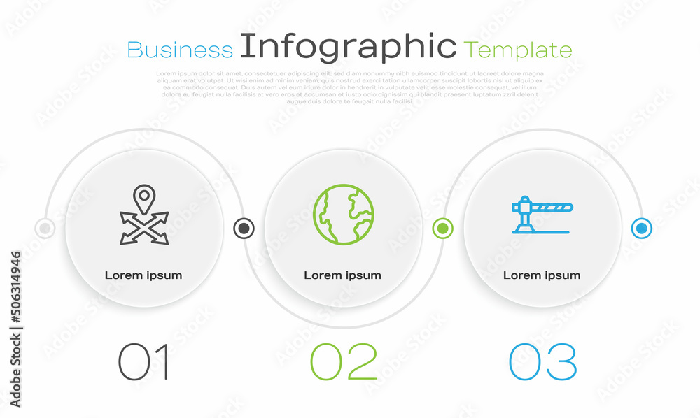 Set line Location, Earth globe and Parking car barrier. Business infographic template. Vector Set line Location, Earth globe and Parking car barrier. Business infographic template. Vector
