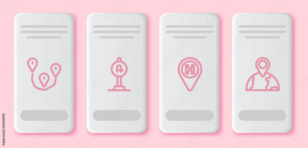 Set line Route location, Turn back road sign, Helicopter landing pad and Location the globe. White rectangle button. Vector Set line Route location, Turn back road sign, Helicopter landing pad and Location the globe. White rectangle button. Vector