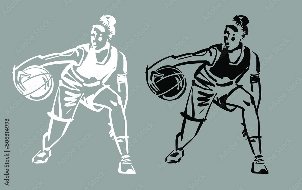the vector handrawen sketch of the basketball player silhouette in white and black colors