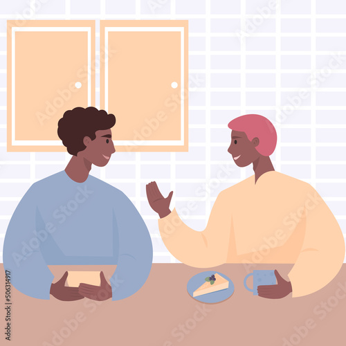 The lifestyle of LGBTQ+ couples. An international gay couple is sitting in their kitchen, drinking tea and talking. Family life. Love is love. Friends' coffee party.Flat vector illustration