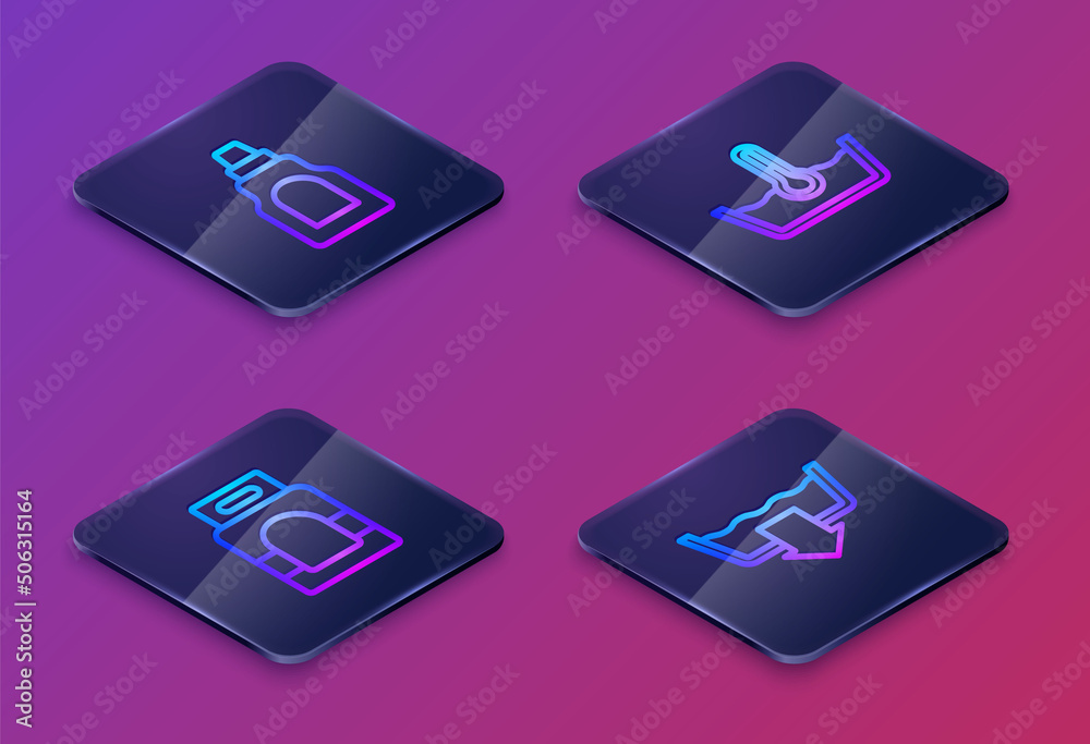 Set Isometric line Bottle for cleaning agent, Laundry detergent, Temperature wash and Washing modes. Blue square button. Vector Set Isometric line Bottle for cleaning agent, Laundry detergent, Temperature wash and Washing modes. Blue square button. Vector