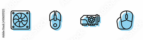 Set line Video graphic card, Computer cooler, mouse and icon. Vector