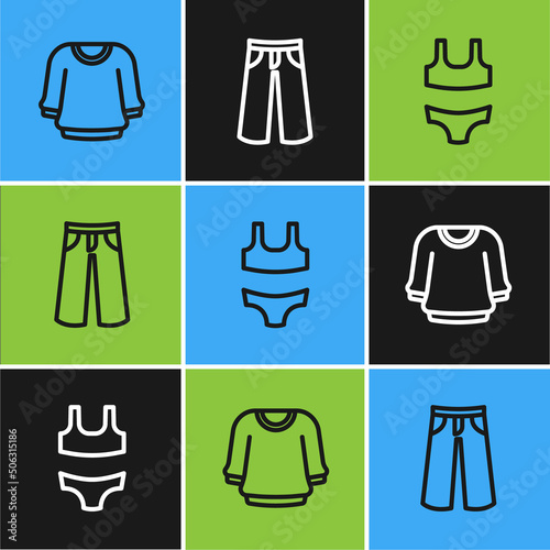 Set line Sweater, Swimsuit and Pants icon. Vector