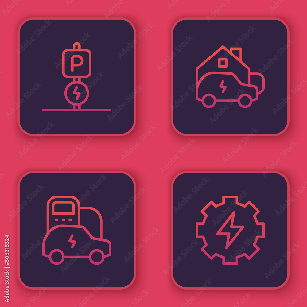 Set line Charging parking electric car, Electric, at home and Gear and lightning. Blue square button. Vector Set line Charging parking electric car, Electric, at home and Gear and lightning. Blue square button. Vector
