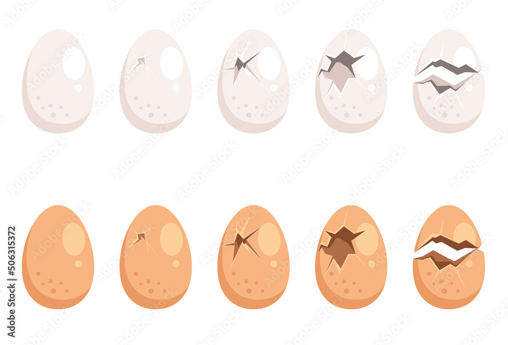 Broken egg isolated set collection. Vector flat cartoon graphic design illustration Broken egg isolated set collection. Vector flat cartoon graphic design illustration