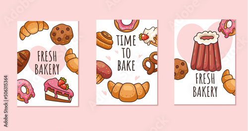 Bakery greeting business cards print cover design concept. Vector flat cartoon graphic design illustration