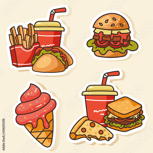 Fast food sticker isolated set collection. Vector flat cartoon graphic design illustration 
