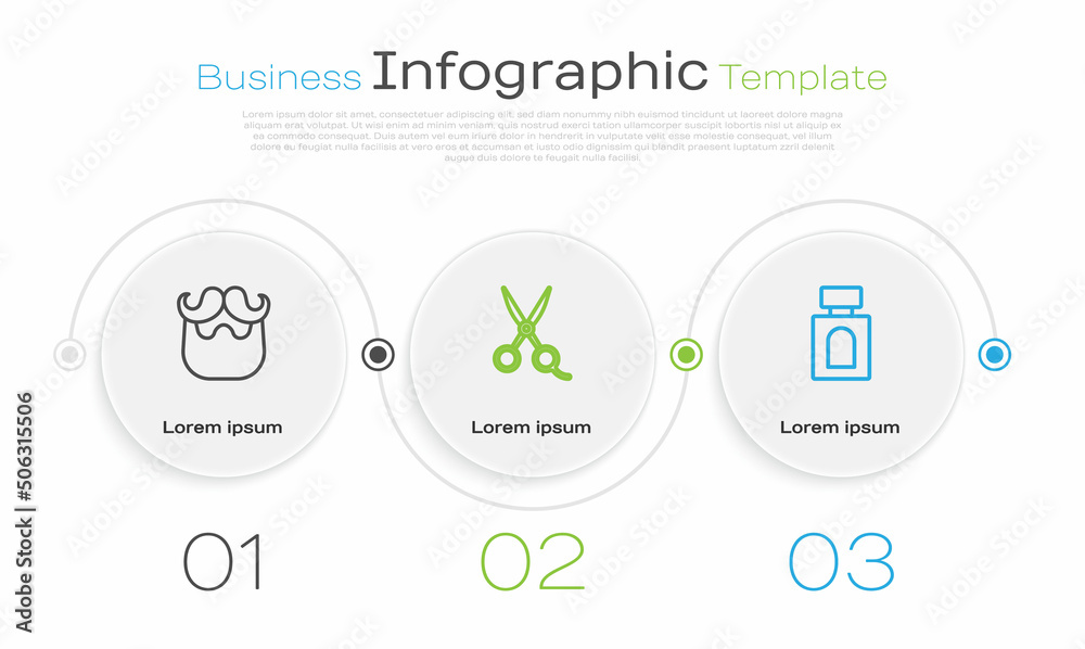 Set line Mustache and beard, Scissors hairdresser and Aftershave. Business infographic template. Vector
