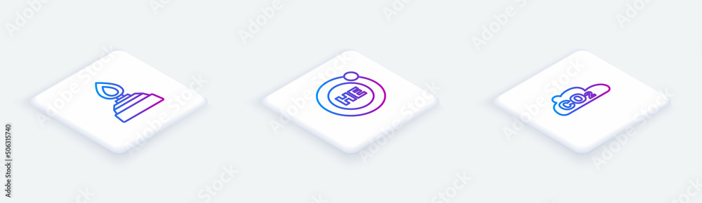 Set Isometric line Alcohol or spirit burner, Helium and CO2 emissions in cloud. White square button. Vector Set Isometric line Alcohol or spirit burner, Helium and CO2 emissions in cloud. White square button. Vector