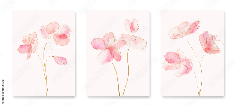 Abstract art background with pink flowers in gold artline style. Botanical watercolor poster set with summer flowers for decoration, interior design, invitations, wallpaper, fabric