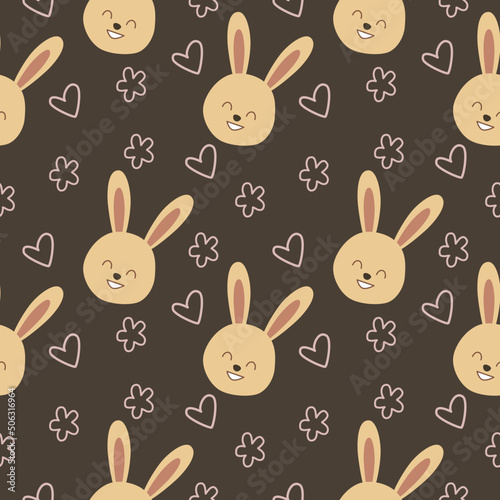 seamless pattern with rabbits, hearts, and flowers