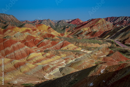 Multicolor geological layers of Zhangye Danxia landform during the sunset. Rainbow mountains, Gansu, China, copy space for text