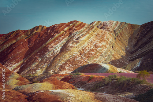 Colorful geological layers of the Chinese rainbow mountains in Zhangye Danxia National park, Gansu, China