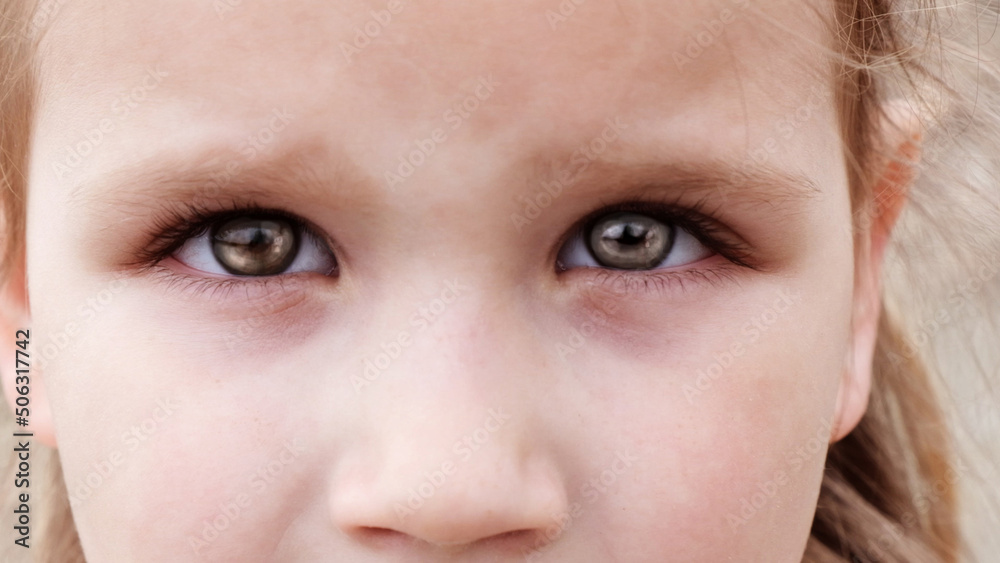 Obraz premium Portrait of a sad unhappy child girl. Baby's beautiful eyes close up. Children, psychology, care, inner world, sadness, feelings concepts