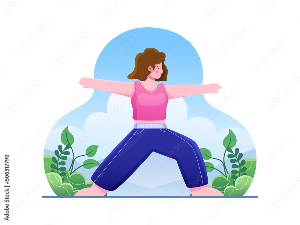 Illustration Healthy Woman exercises yoga with Warrior pose Virabhadrasana pose on the outdoor.
International Yoga Day Vector Concept.
Can Be used for web, landing page, app, banner, poster, etc