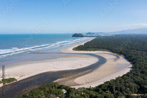 Aerial image of the meeting between Rio and the Sea. Environmental reserve, beautiful and empty beach