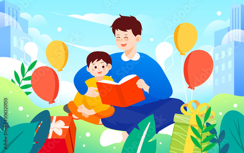 Father's day dad holding child while reading, parent-child interaction, vector illustration